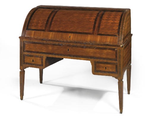 A NORTH ITALIAN MAHOGANY, ROSEWOOD AND PARQUETRY CYLINDER BUREAU