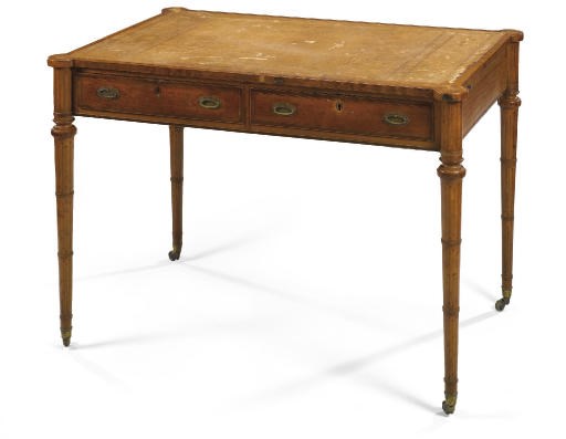 A LATE VICTORIAN SATINWOOD, SYCAMORE CROSSBANDED AND MARQUETRY WRITING TABLE