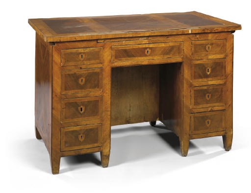 A NORTH ITALIAN WALNUT, KINGWOOD AND SATINWOOD MARQUETRY KNEEHOLE DESK