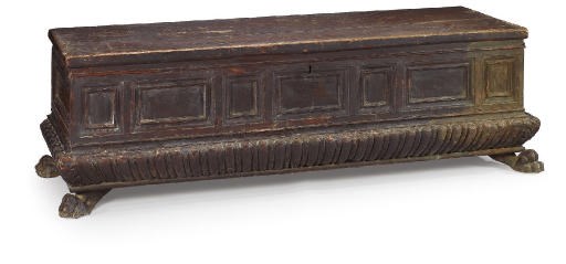 AN ITALIAN WALNUT POPLAR AND BROWN PAINTED CASSONE