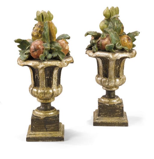 A PAIR OF ITALIAN POLYCHROME PAINTED FINIALS