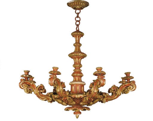 A VENETIAN RED PAINTED AND PARCEL-GILT EIGHT-LIGHT CHANDELIER