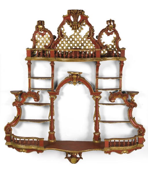 A SET OF ITALIAN RED PAINTED AND PARCEL-GILT HANGING SHELVES