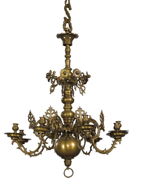 A PAIR OF BRASS EIGHT-LIGHT CHANDELIERS