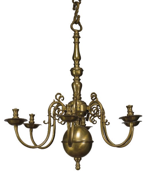 A PAIR OF BRASS SIX-LIGHT CHANDELIERS