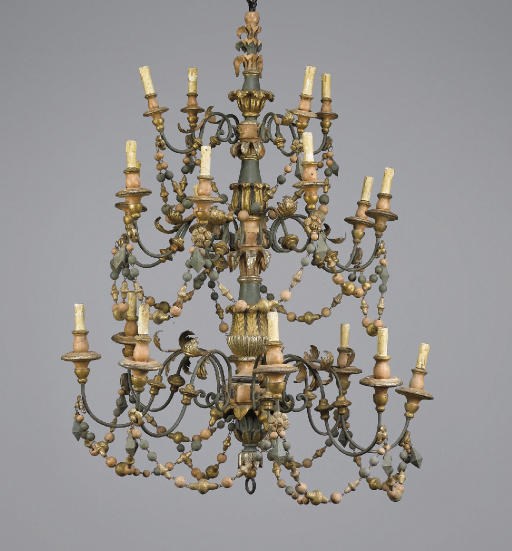 A PAIR OF ITALIAN GILDED, MECCA AND POLYCHROME DECORATED NINETEEN LIGHT CHANDELIERS