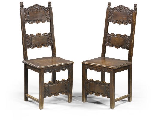 A PAIR OF ITALIAN STAINED WALNUT SIDE CHAIRS