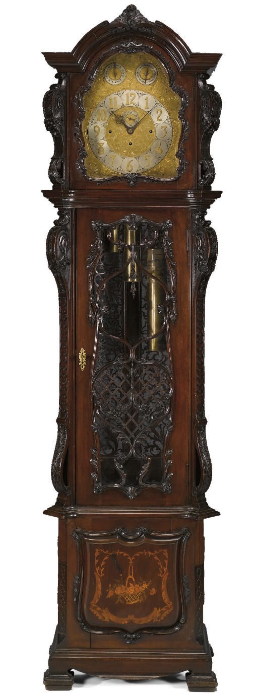 A LATE VICTORIAN MAHOGANY AND MARQUETRY MUSICAL LONGCASE CLOCK
