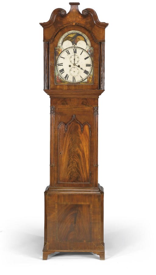 A MAHOGANY, ROSEWOOD CROSSBANDED AND MARQUETRY LONGCASE CLOCK