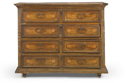 A NORTH ITALIAN WALNUT AND MARQUETRY COMMODE