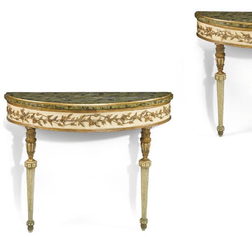 A PAIR OF ITALIAN SIMULATED VERDE ANTICO CREAM PAINTED AND PARCEL-GILT SEMI-ELIPTICAL CONSOLE TABLES