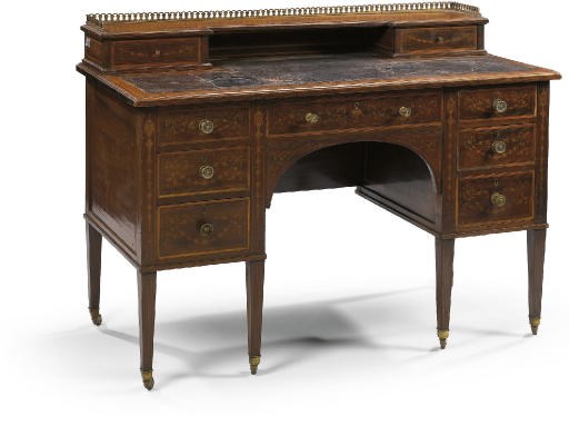 AN EDWARDIAN MAHOGANY, SATINWOOD BANDED AND MARQUETRY KNEEHOLE DESK