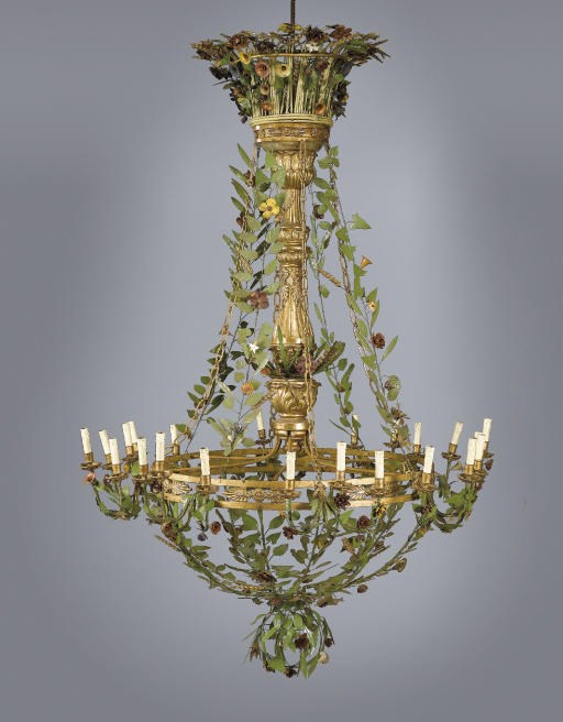 AN ITALIAN CARVED GILTWOOD AND POLYCHROME METAL CHANDELIER