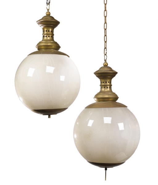A PAIR OF OPAQUE GLASS AND BRASS LANTERNS