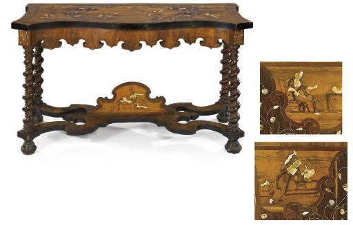 A NORTH ITALIAN OR SOUTH GERMAN WALNUT, FRUITWOOD AND MARQUETRY SERPENTINE SIDE TABLE