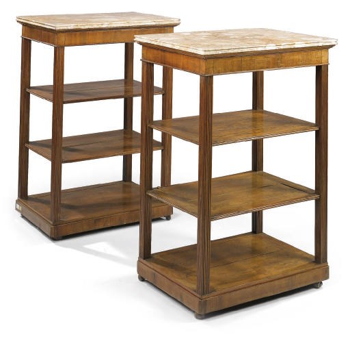 A PAIR OF NORTH ITALIAN WALNUT AND OAK FOUR TIER ETAGERES