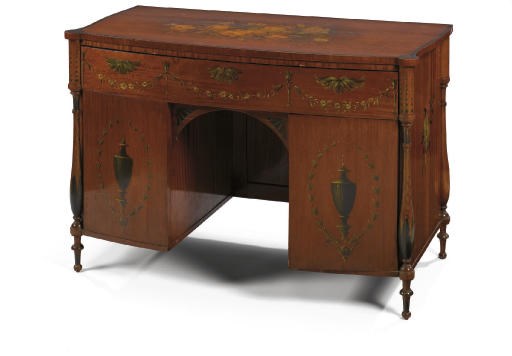 AN EDWARDIAN POLYCHROME DECORATED SATINWOOD KNEEHOLE DESK