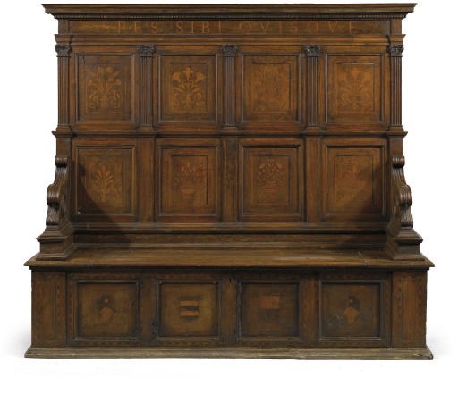 AN ITALIAN WALNUT AND MARQUETRY CASSAPANCA
