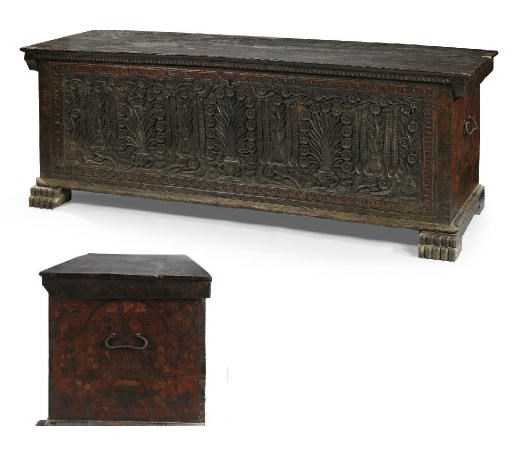 A NORTH ITALIAN CARVED WALNUT AND POLYCHROME DECORATED CASSONE