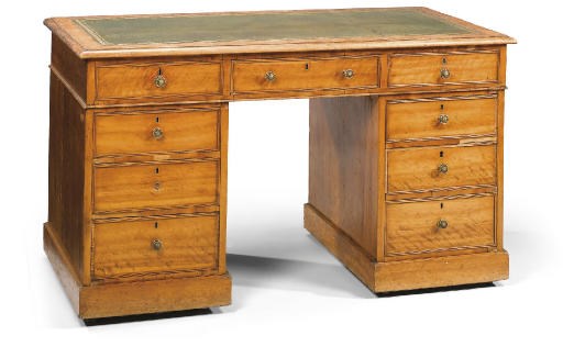 A VICTORIAN SATINWOOD AND BIRCH PEDESTAL DESK