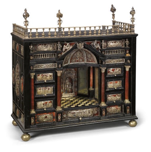 A GERMAN EBONY, IVORY, SILVER METAL AND TORTOISESHELL TABLE CABINET