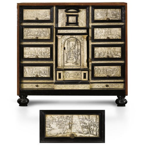 AN ITALIAN EBONISED, IVORY AND MARQUETRY TABLE CABINET