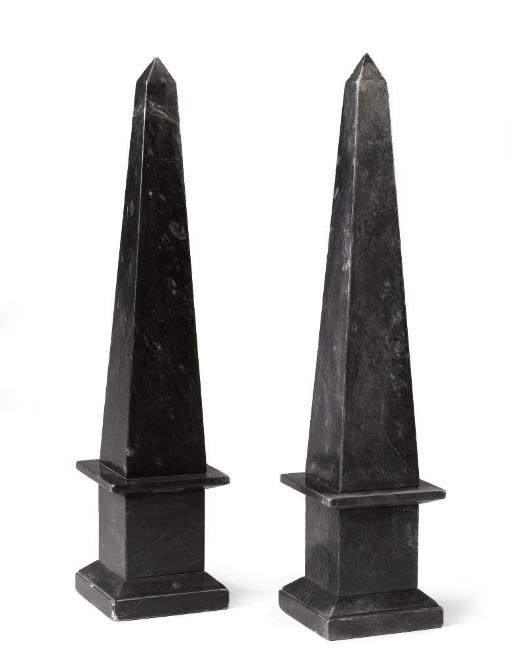 A PAIR OF BLACK FOSSIL MARBLE OBELISKS