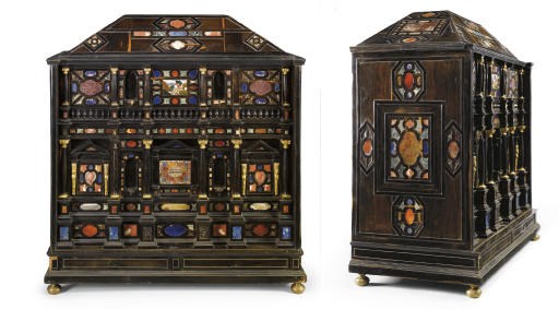 AN ITALIAN ORMOLU MOUNTED EBONY AND PIETRE DURA TABLE CABINET