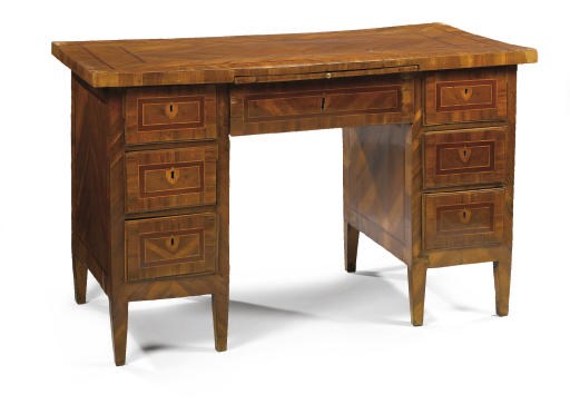 A NORTH ITALIAN WALNUT AND FRUITWOOD BANDED KNEEHOLE DESK