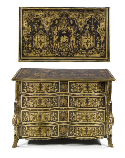 A LOUIS XIV GILT BRONZE MOUNTED BRASS INLAID TORTOISESHELL COMMODE