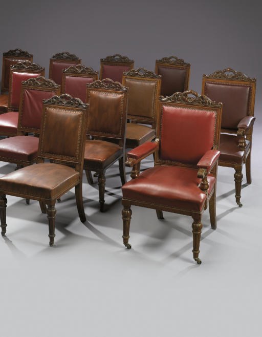 A SET OF SEVENTEEN LATE VICTORIAN MAHOGANY AND LEATHERETTE UPHOLSTERED DINING CHAIRS