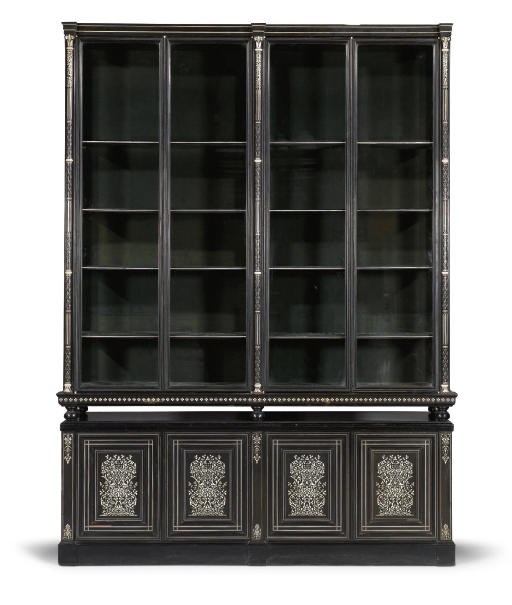 A VICTORIAN EBONY AND IVORY INLAID DISPLAY CABINET-ON-STAND