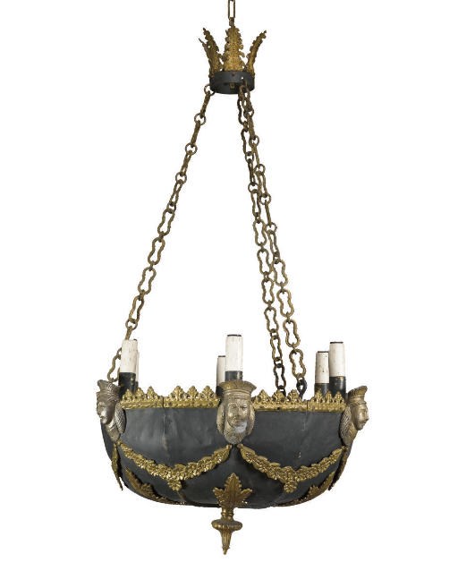 A PAIR OF ITALIAN EMPIRE STYLE TOLE PEINTE CHANDELIERS