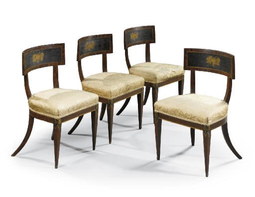 A SET OF FOUR ITALIAN EMPIRE SIMULATED ROSEWOOD, EBONISED AND PARCEL GILT SIDE CHAIRS