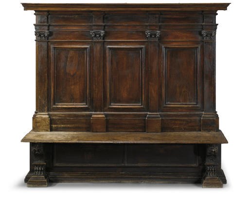 AN ITALIAN WALNUT HALL BENCH OR CHOIR STALL