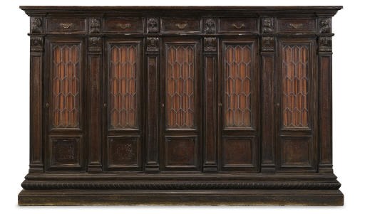A NORTH ITALIAN WALNUT AND EMBOSSED LEATHER DECORATED DWARF BOOKCASE