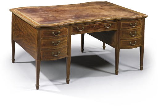 AN EDWARDIAN MAHOGANY AND SATINWOOD CROSSBANDED PARTNERS' DESK