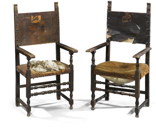 A MATCHED PAIR OF NORTH ITALIAN STAINED WALNUT ARMCHAIRS