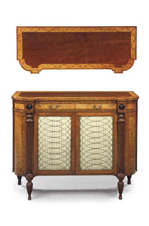 A GEORGE III MAHOGANY, SATINWOOD, BURR-ELM AND EBONISED SIDE CABINET