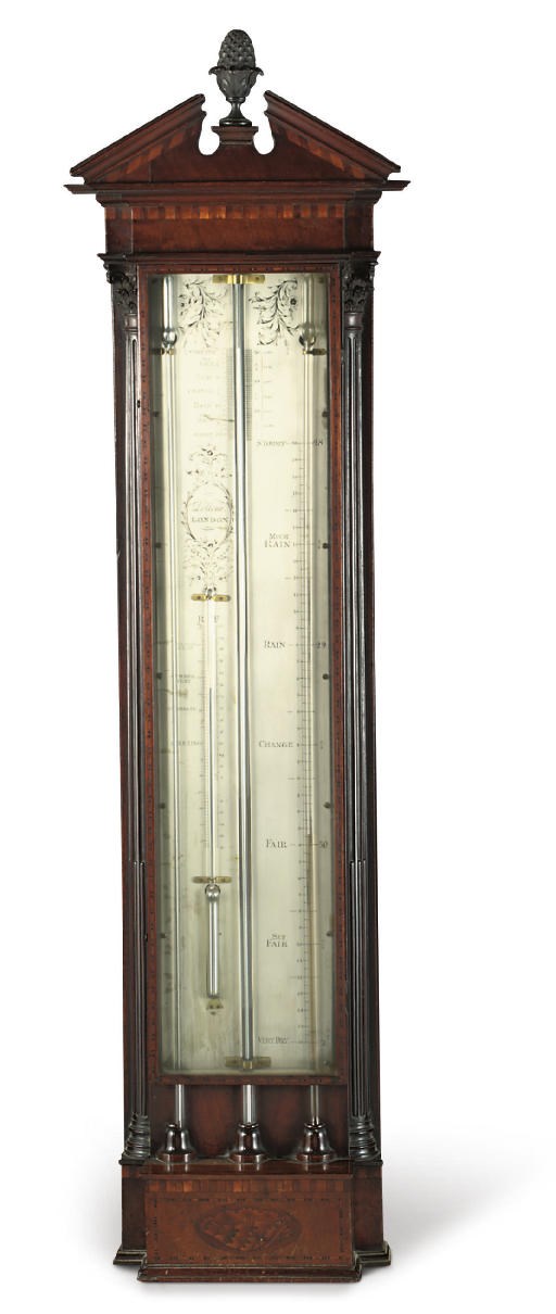 AN UNUSUAL GEORGE III DUTCH-STYLE MAHOGANY AND MARQUETRY 'CONTRA' BAROMETER