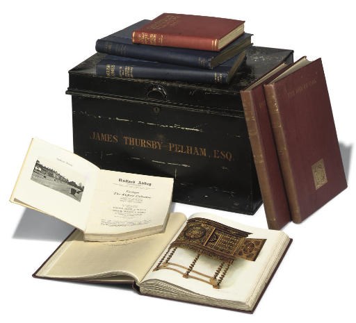 A BLACK-PAINTED METAL DEED BOX AND A SELECTION OF BOOKS ON ENGLISH FURNITURE