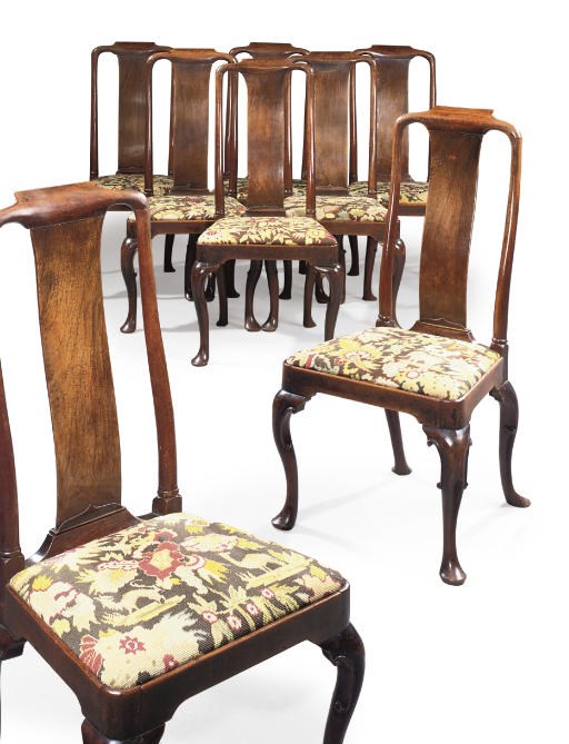 A SET OF EIGHT GEORGE I WALNUT DINING-CHAIRS