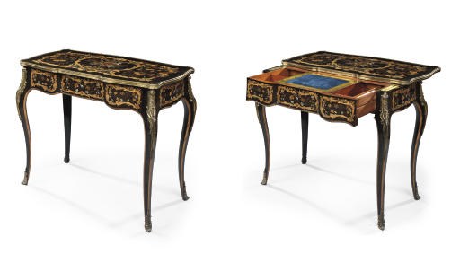 AN EARLY VICTORIAN ORMOLU-MOUNTED EBONY, HOLLY, HAREWOOD AND FRUITWOOD, MARQUETRY AND MOTHER-OF-PEARL WRITING-TABLE