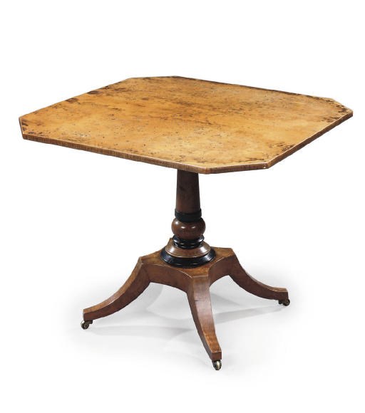 A REGENCY OAK, BURR-ELM AND EBONISED CENTRE TABLE