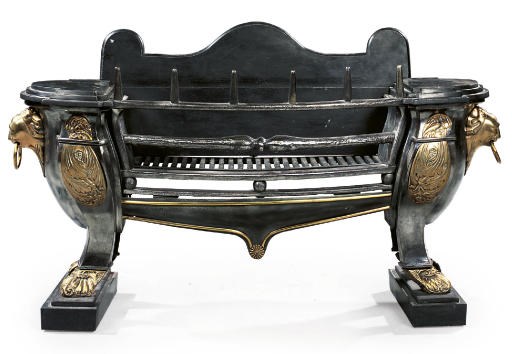 A REGENCY BRASS-MOUNTED CAST-IRON AND POLISHED STEEL FIREGRATE