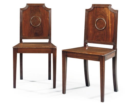 A PAIR OF REGENCY MAHOGANY HALL CHAIRS