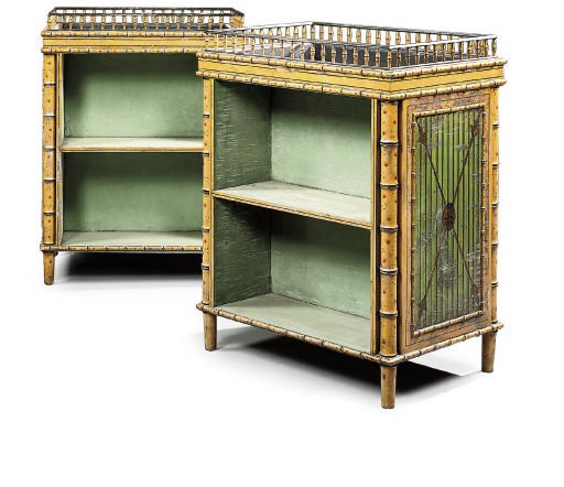 A PAIR OF ENGLISH SIMULATED-BAMBOO JARDINIERE SIDE CABINETS