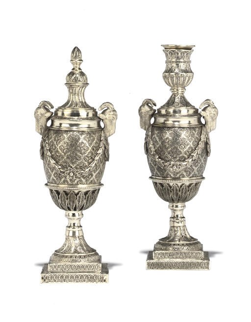A PAIR OF SILVER FILIGREE 'GOAT'S HEAD VASE' CASSOLETTES