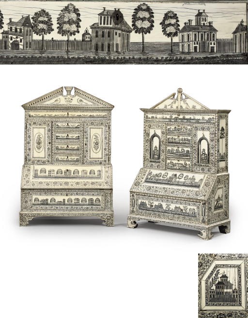 TWO INDIAN ENGRAVED-IVORY SMALL BUREAU-CABINETS