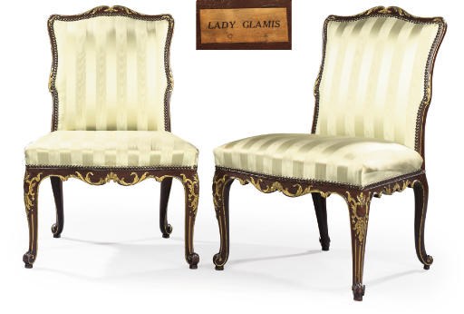 A PAIR OF LATE GEORGE II PARCEL-GILT SOLID MAHOGANY SIDE CHAIRS